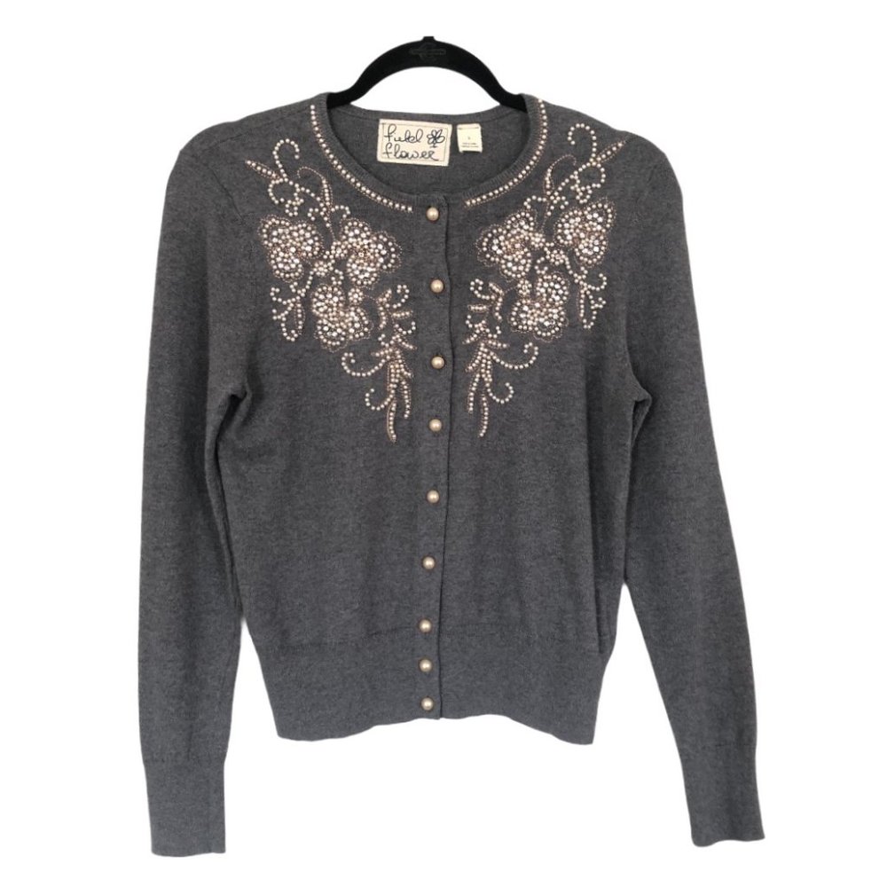 Anthropologie Pearl Embellished Gray Cardigan Sz S - Picture 4 of 12